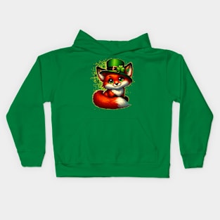 St. Patrick's Day Cute Fox in Green Hat with Shamrock Decoration Kids Hoodie